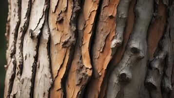 A detailed image capturing the rough bark of a tree as it peels back, exposing the layers below. photo