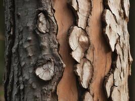 A macro shot of a tree trunk with peeling bark, unveiling hidden textures beneath. photo