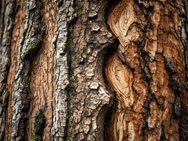 A close-up view of weathered tree bark curling away to reveal the surface underneath. photo