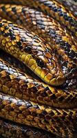 A zoomed-in shot of a snakes overlapping scales with glossy highlights accentuating their texture. photo