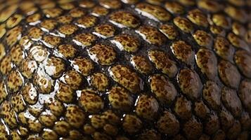 A sharp-focus image showing the reflective highlights on the overlapping scales of a snake. photo