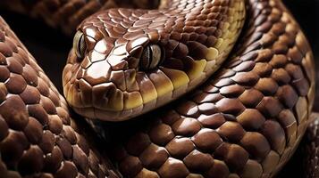 A close-up macro shot capturing the intricate overlapping pattern of a snakes scales with glossy accents. photo