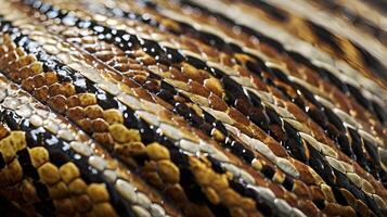 A zoomed-in image of a snakes scales, overlapping with glossy reflections highlighting their texture. photo