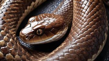 A sharp-focus macro photograph of a snakes overlapping scales, glistening with a shiny finish. photo