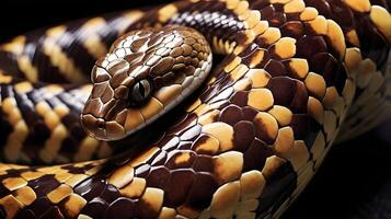 A close-up view of a snakes scales, emphasizing the glossy highlights on each overlapping layer. photo