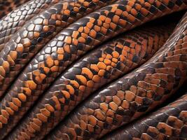 A magnified image of a snakes scales, showing their overlapping pattern and reflective highlights. photo