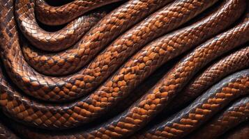 A detailed close-up of a snakes overlapping scales, shining with glossy highlights. photo