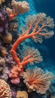 A macro image of corals with an emphasis on their rich, natural patterns and textures. photo