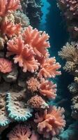 A sharp-focus image of coral formations with a mix of vivid colors and complex textures. photo