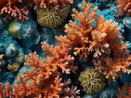A detailed close-up of vibrant coral structures displaying intricate natural patterns. photo