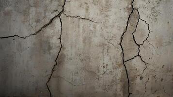 A detailed close-up of a rugged concrete wall, highlighting its cracks and surface flaws. photo