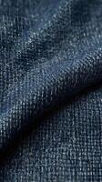 A sharp macro shot of sturdy blue jeans fabric, focusing on its signature weave. photo