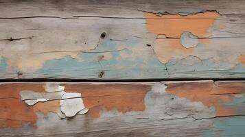 A macro shot of rustic wood with faded, chipped paint and visible grain patterns. photo