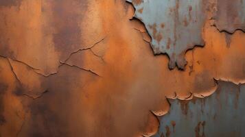 A macro capture of an aged iron surface, with peeling rust and a deep orange patina. photo