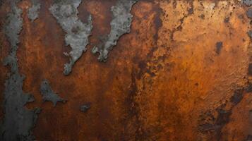 A close-up of corroded iron with rough textures, oxidized patches, and warm rust tones. photo