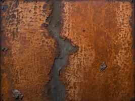 A macro image of an aged metal sheet covered in peeling rust and earthy orange shades. photo