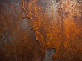A macro capture of oxidized metal, showcasing peeling rust and intense orange coloration. photo