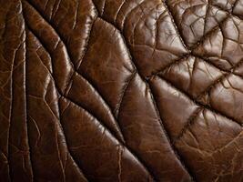 A high-resolution shot of old leather with visible grain patterns, folds, and surface imperfections. photo