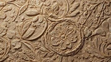 A sharply focused macro image of craft paper with graceful embossed designs. photo