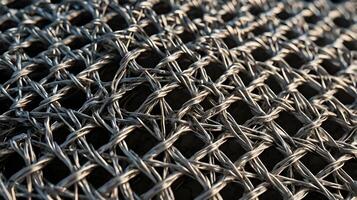 A close-up shot of metal wire mesh, showcasing its geometric, repeating structure. photo