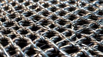 A sharp and focused close-up of geometric patterns created by woven metal wire mesh. photo