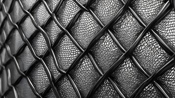 A detailed close-up of interlacing metal wire mesh, creating a repeating geometric design. photo