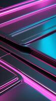 A futuristic macro shot of neon lights reflecting off a brushed metal surface, creating dynamic color patterns. photo