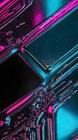 A close-up of neon reflections on a brushed metal surface, highlighting the metallic sheen. photo