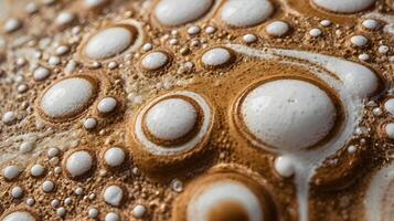 A detailed macro view of espresso foam, capturing its delicate bubbles and rich crema. photo