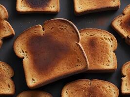 A macro image capturing the golden-brown, slightly charred texture of crispy toast. photo