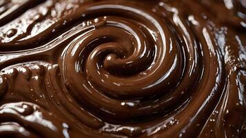 A detailed shot of melted chocolate, its smooth, glossy texture enhanced by soft swirling patterns. photo