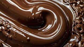 A close-up of smooth, glossy melted chocolate, with soft, circular swirls blending together. photo