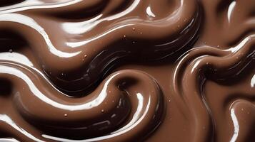 A close-up image of melted chocolate, glistening with smooth, swirling patterns. photo