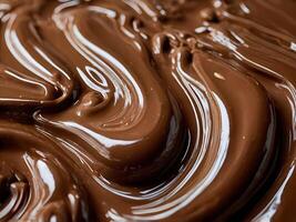 A macro shot of glossy melted chocolate, showcasing its soft, flowing swirls. photo