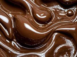 A detailed close-up of melted chocolate, smooth and glossy with delicate swirling patterns. photo