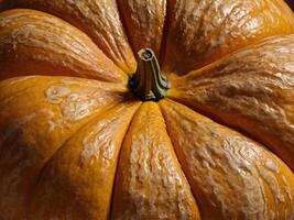 A close-up view of a pumpkins surface, emphasizing its ridged texture and warm, glowing shades. photo