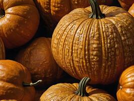 A high-resolution image of a pumpkin, showcasing its ridged, rough skin with warm, autumnal colors. photo