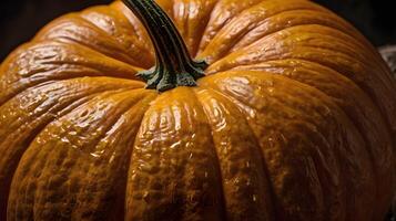A high-detail image of a pumpkin, emphasizing the ridged, rough surface in warm, inviting tones. photo