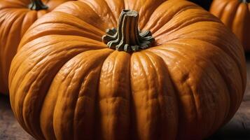A detailed close-up of a pumpkins surface, showing its rugged texture and warm color palette. photo