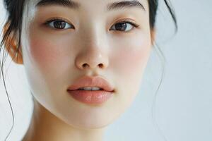 A woman with a pink blush on her face photo