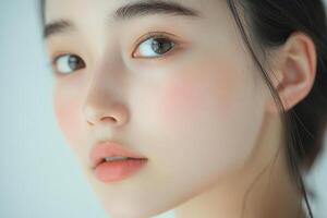 A close up of a woman with a pink blush photo