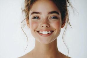 A woman with freckles smiling photo