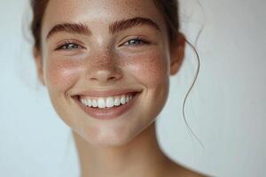 A woman with freckles smiling photo
