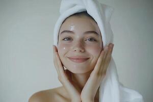 A woman with a towel on her head and a towel on her face photo
