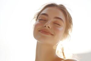 A woman with her eyes closed and smiling photo