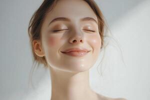 A woman with her eyes closed and smiling photo