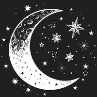 Mystical Crescent Moon and Stars vector