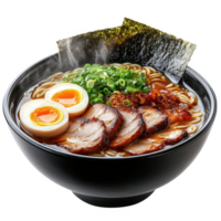 A bowl of ramen with meat and an egg png