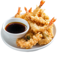 Fried shrimp with dipping sauce on a white plate png