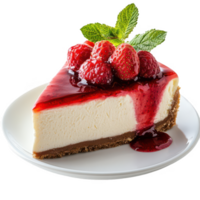 A slice of cheesecake with raspberries on top png